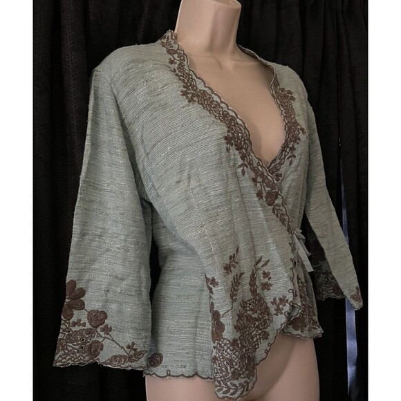 Two Star Dog TSD Green Brown Floral Embroidered 3/4 Sleeve 100% Silk Jacket S - Picture 2 of 8